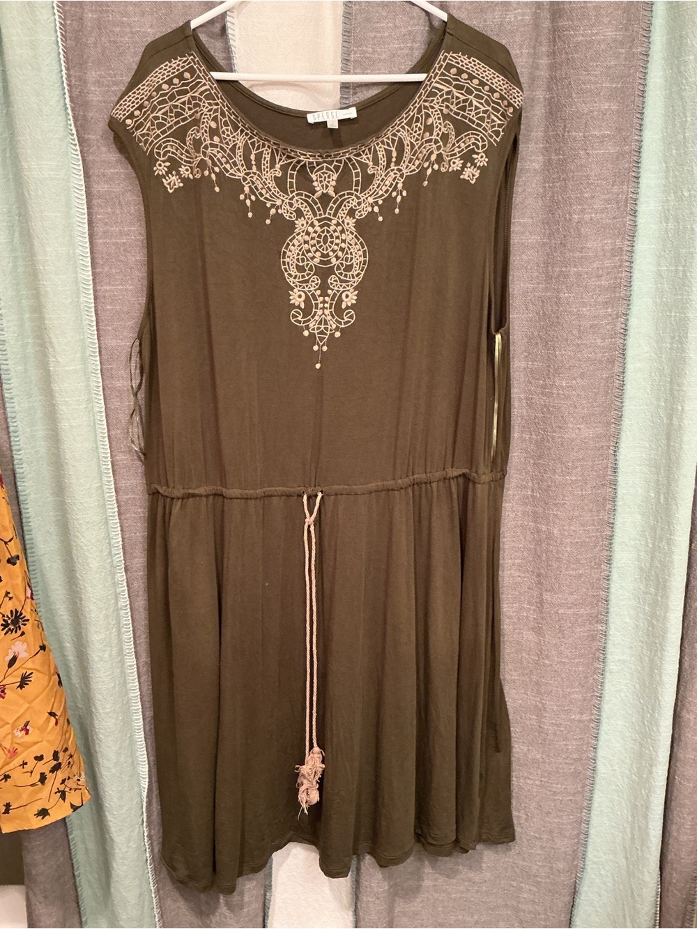 Spense Olive Green Sleeveless Dress with Cream Embroidered Yoke